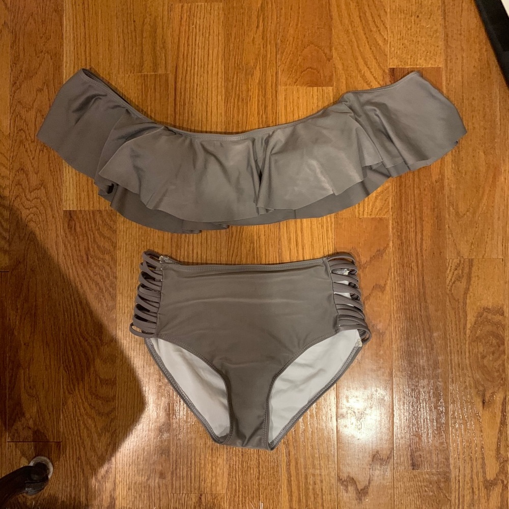 Grey ruffled off the shoulder high waisted bikini